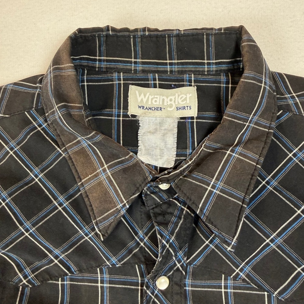Wrangler Wrancher Men XL Black Blue Plaid Pearl Snap Western Shirt Long Sleeve - Picture 2 of 7